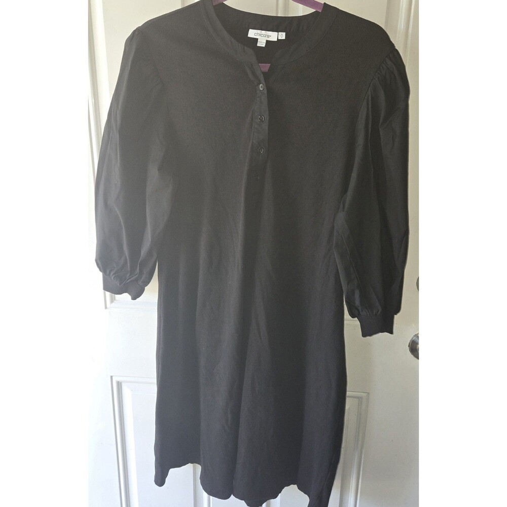 Chico's Minimalist Ribbed Knit Balloon Sleeves Henley Navy Shift Dress sz 16